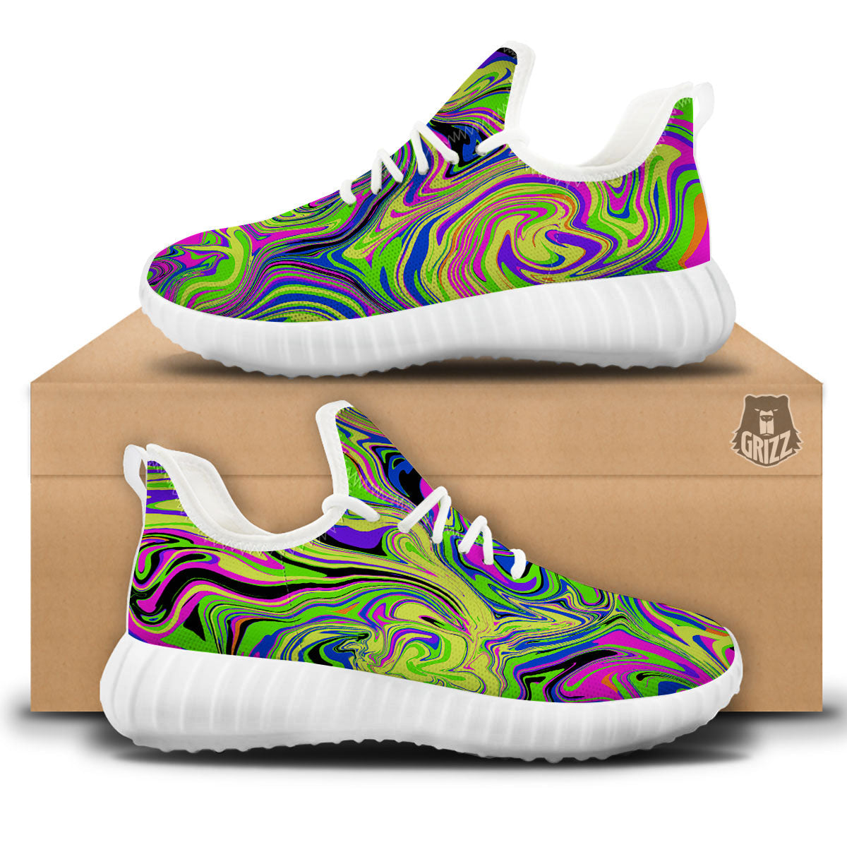 Trippy Abstract Neon Print White Walking Shoes-grizzshop