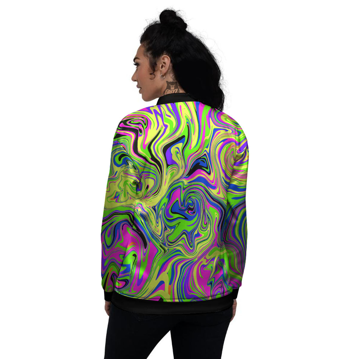 Trippy Abstract Neon Print Women's Bomber Jacket-grizzshop