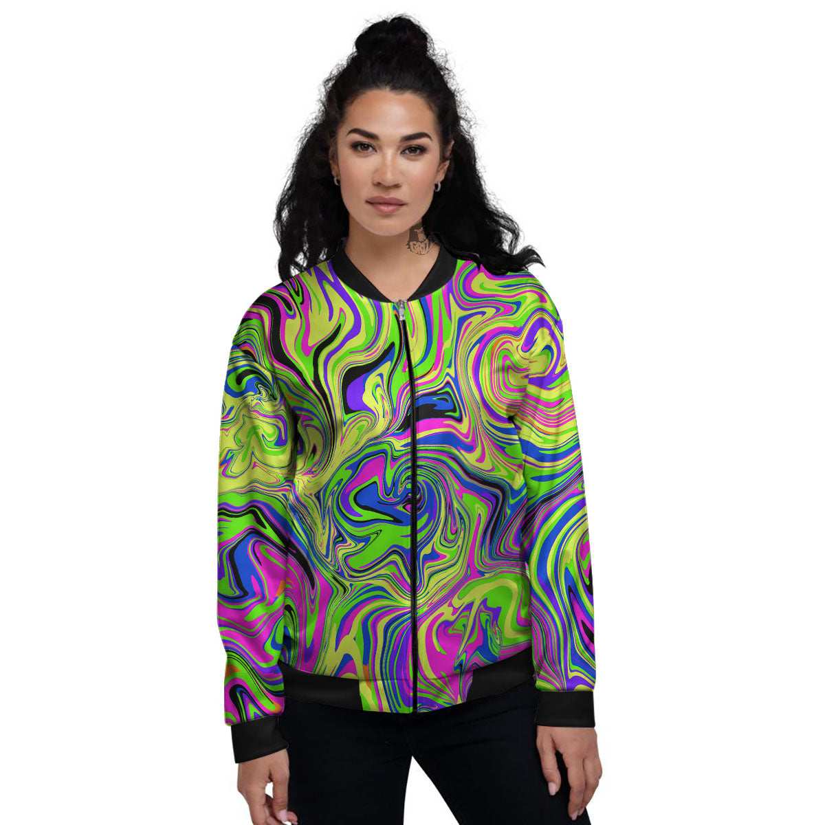 Trippy Abstract Neon Print Women's Bomber Jacket-grizzshop