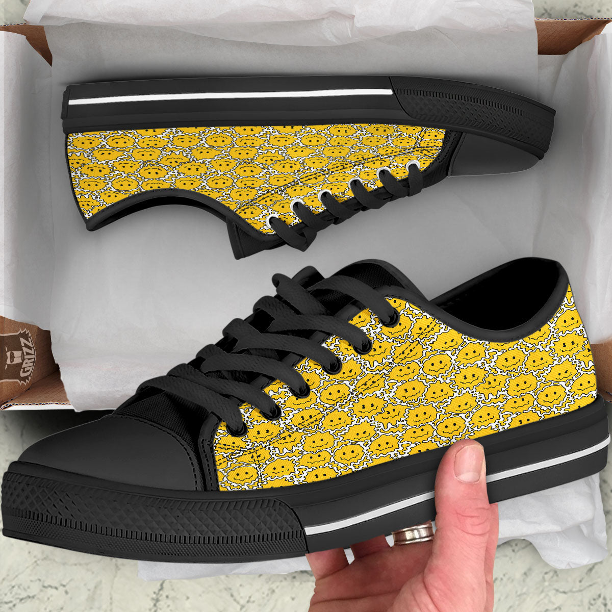 Trippy Abstract Psychedelic Emoji Print Black Low Top Shoes-grizzshop