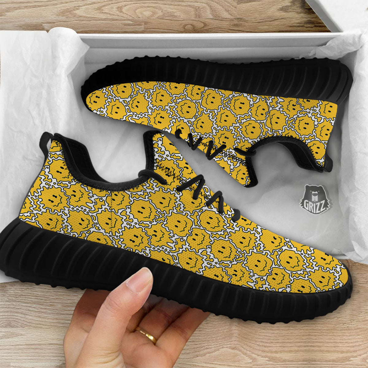 Trippy Abstract Psychedelic Emoji Print Black Walking Shoes-grizzshop