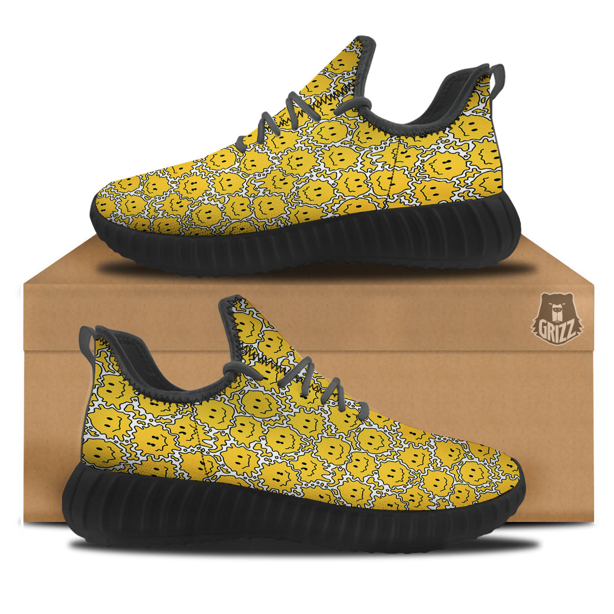 Trippy Abstract Psychedelic Emoji Print Black Walking Shoes-grizzshop