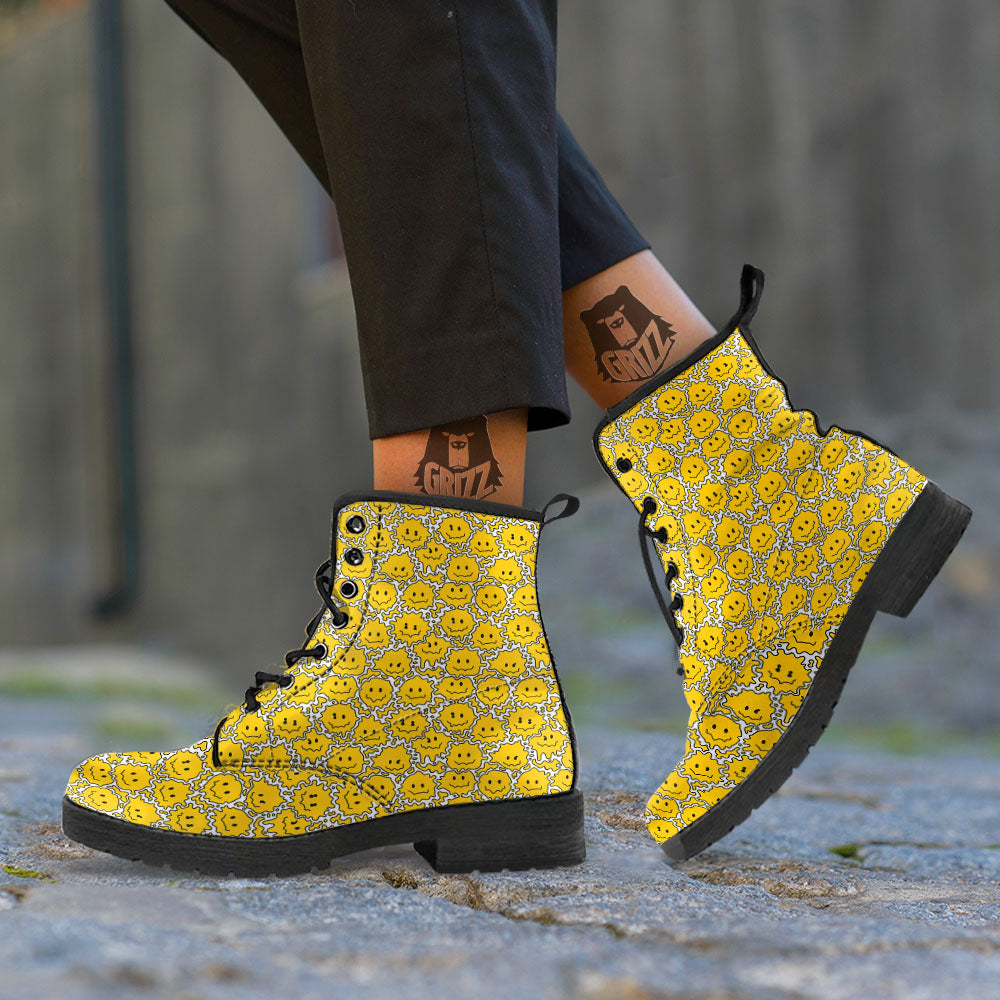 Trippy Abstract Psychedelic Emoji Print Leather Boots-grizzshop