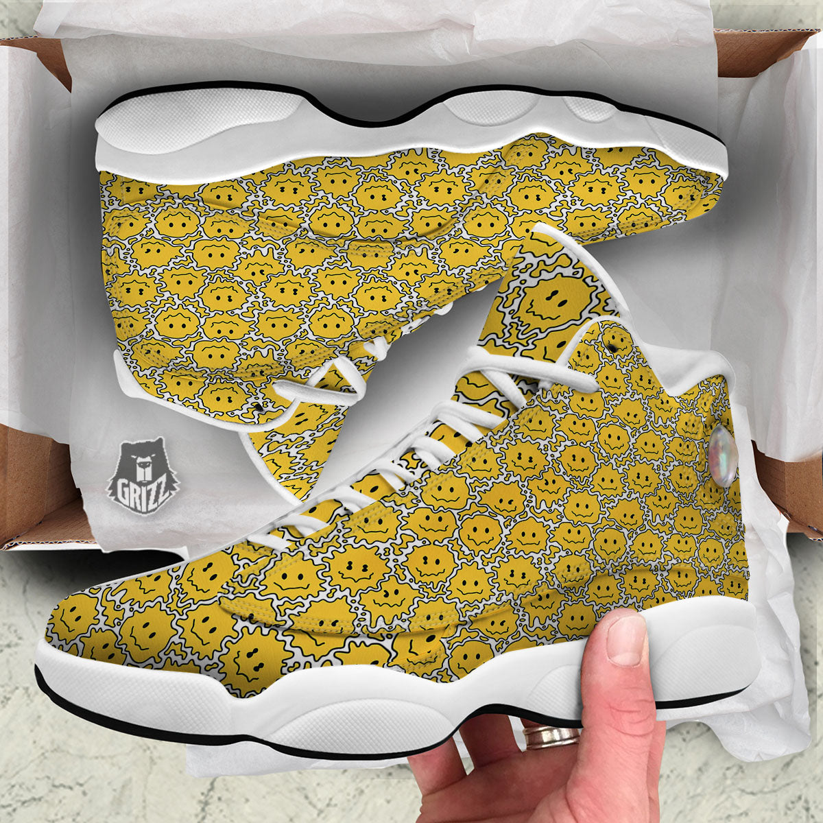 Trippy Abstract Psychedelic Emoji Print White Basketball Shoes-grizzshop