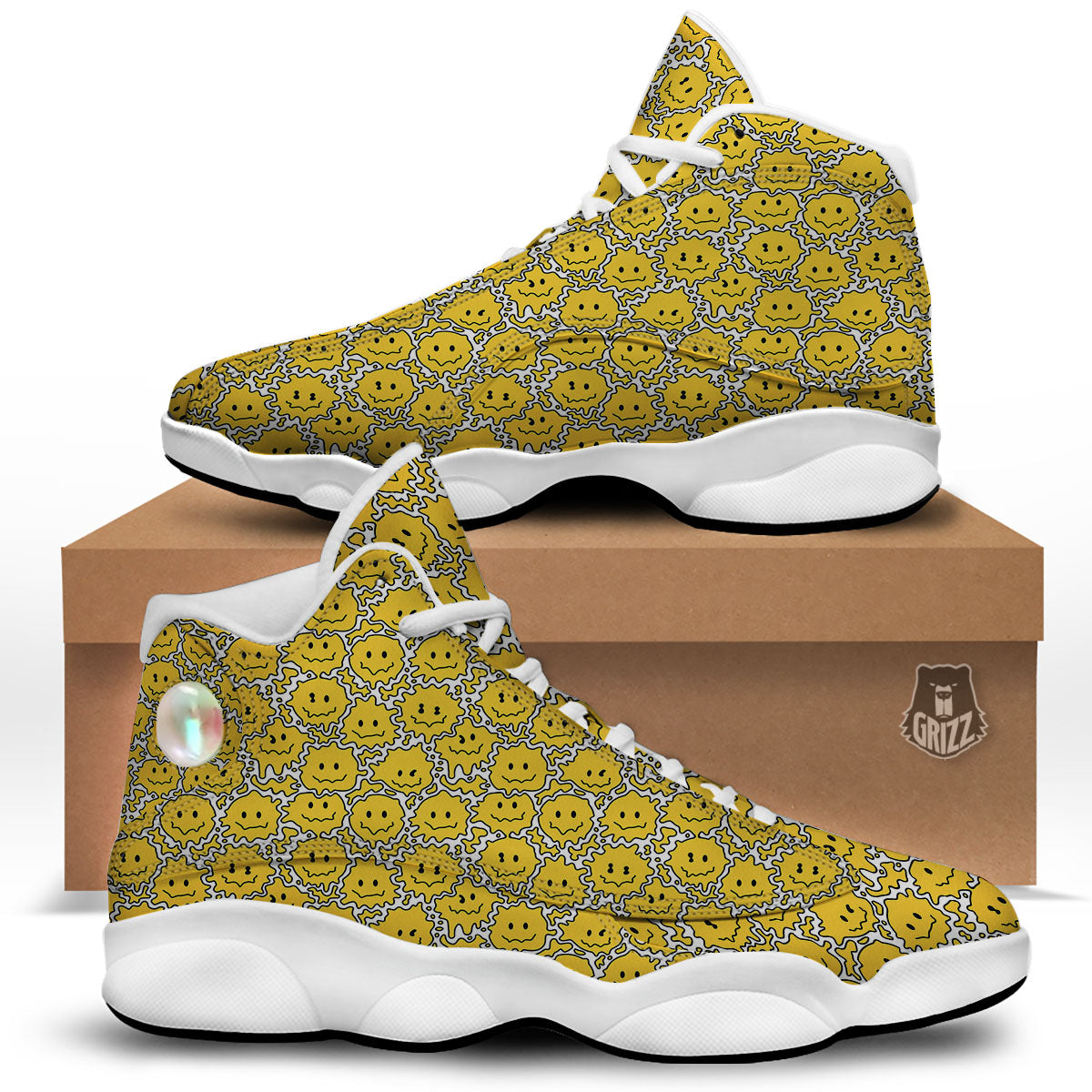 Trippy Abstract Psychedelic Emoji Print White Basketball Shoes-grizzshop