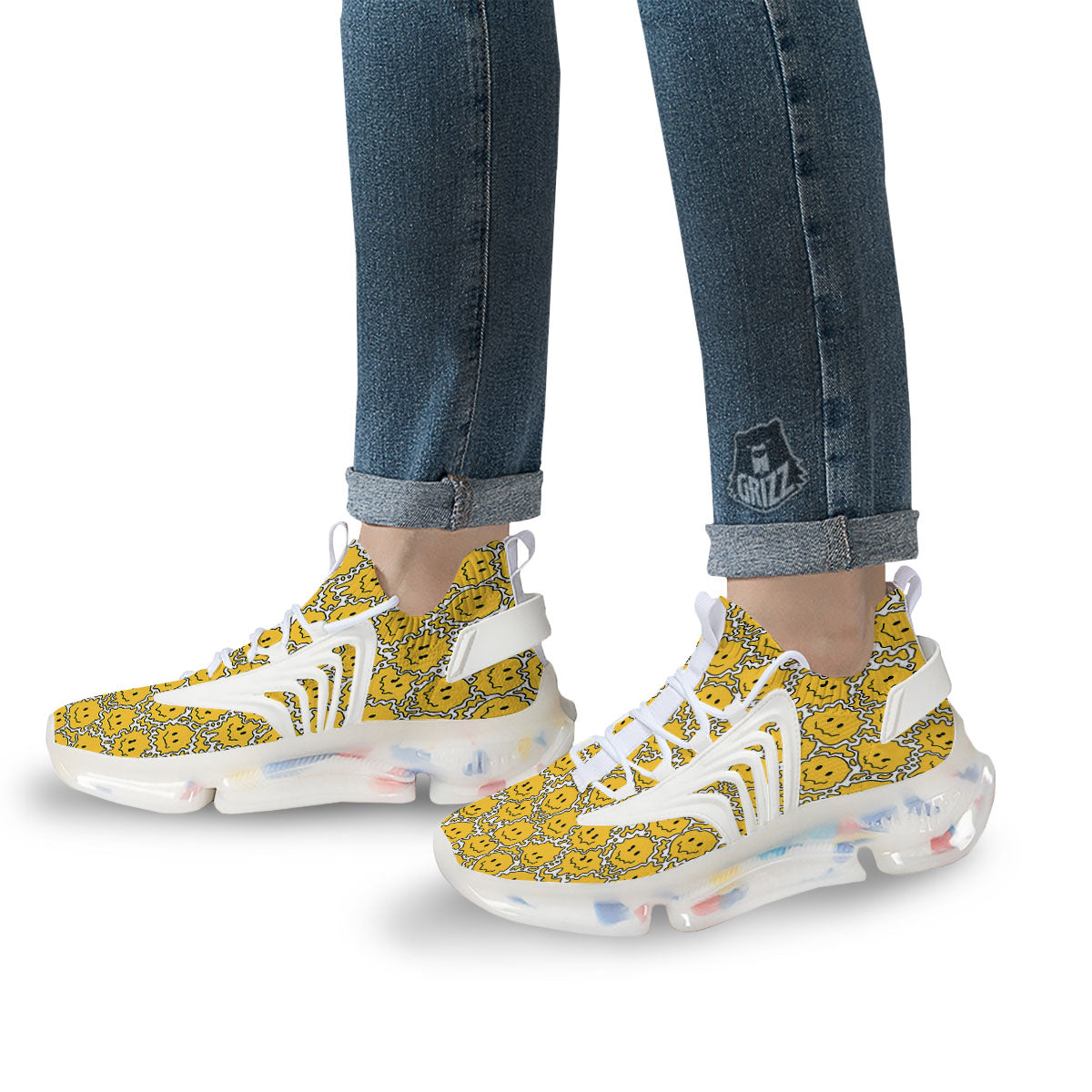 Trippy Abstract Psychedelic Emoji Print White Gym Shoes-grizzshop