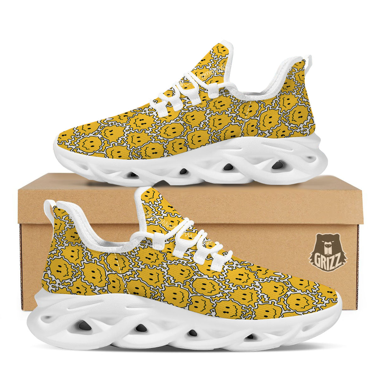Trippy Abstract Psychedelic Emoji Print White Running Shoes-grizzshop