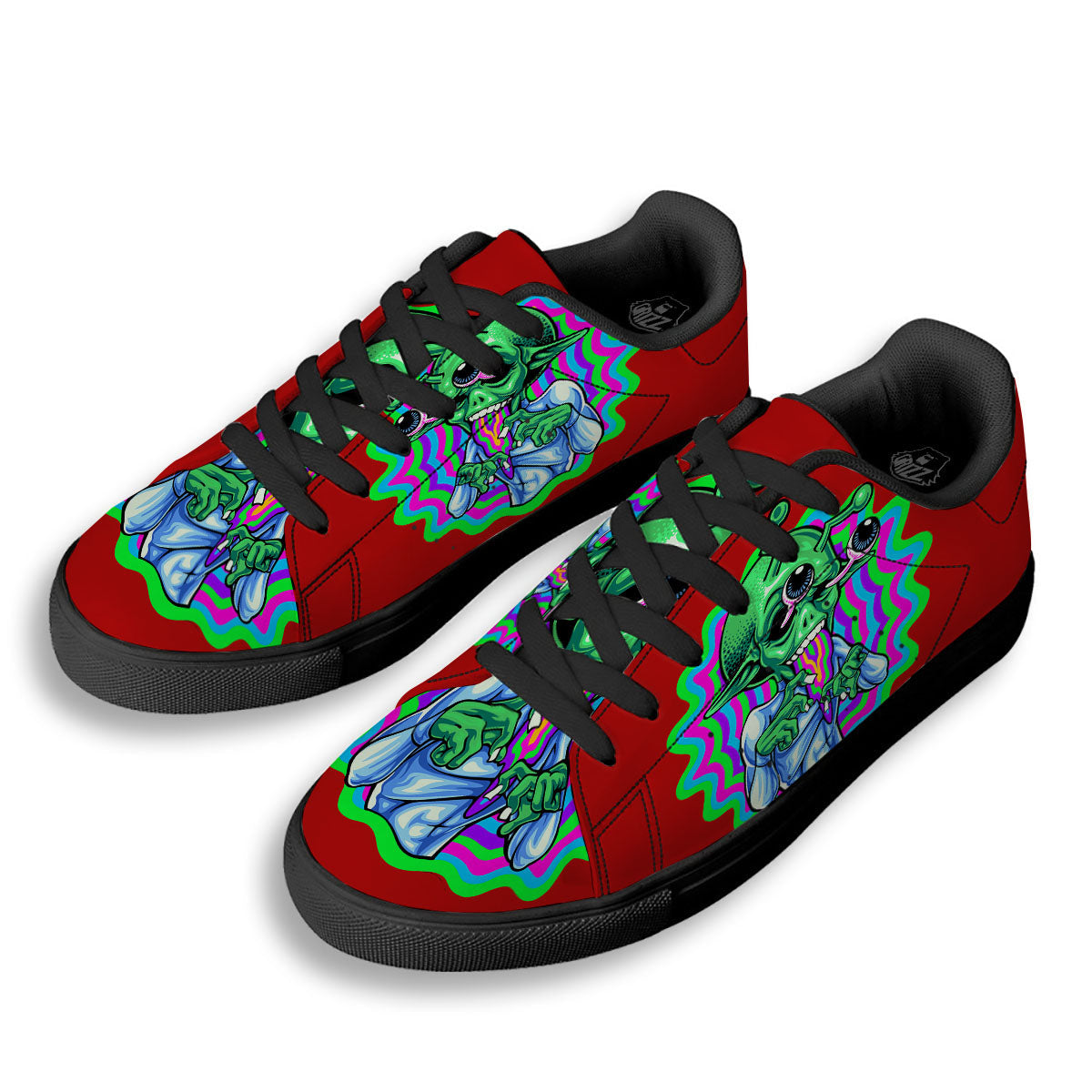 Trippy Alien Crazy Print Black Low Top Sneakers-grizzshop