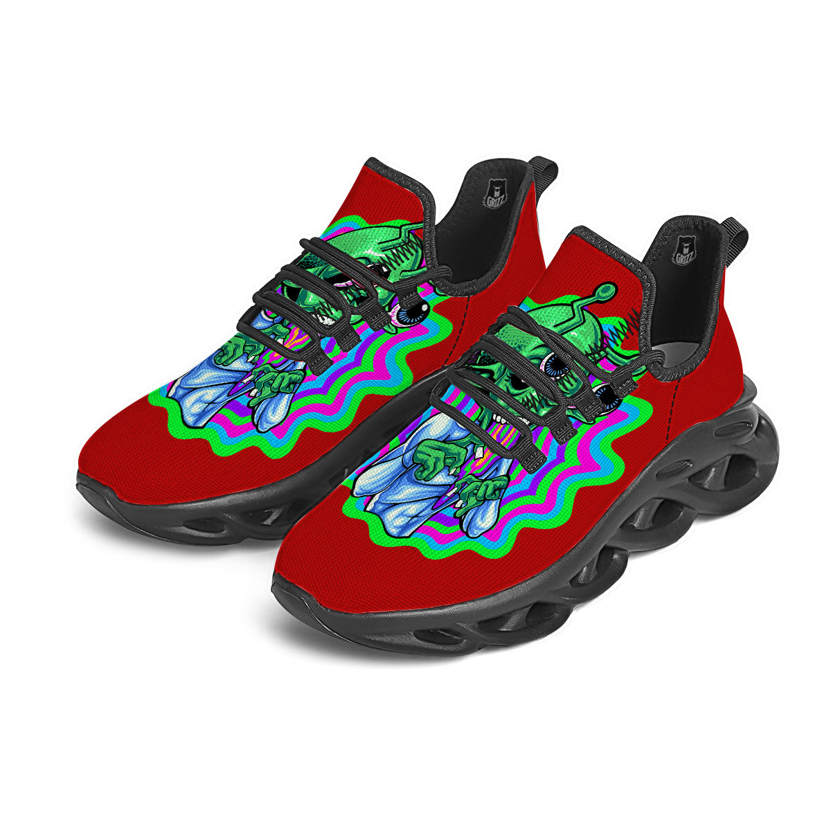Trippy Alien Crazy Print Black Running Shoes-grizzshop