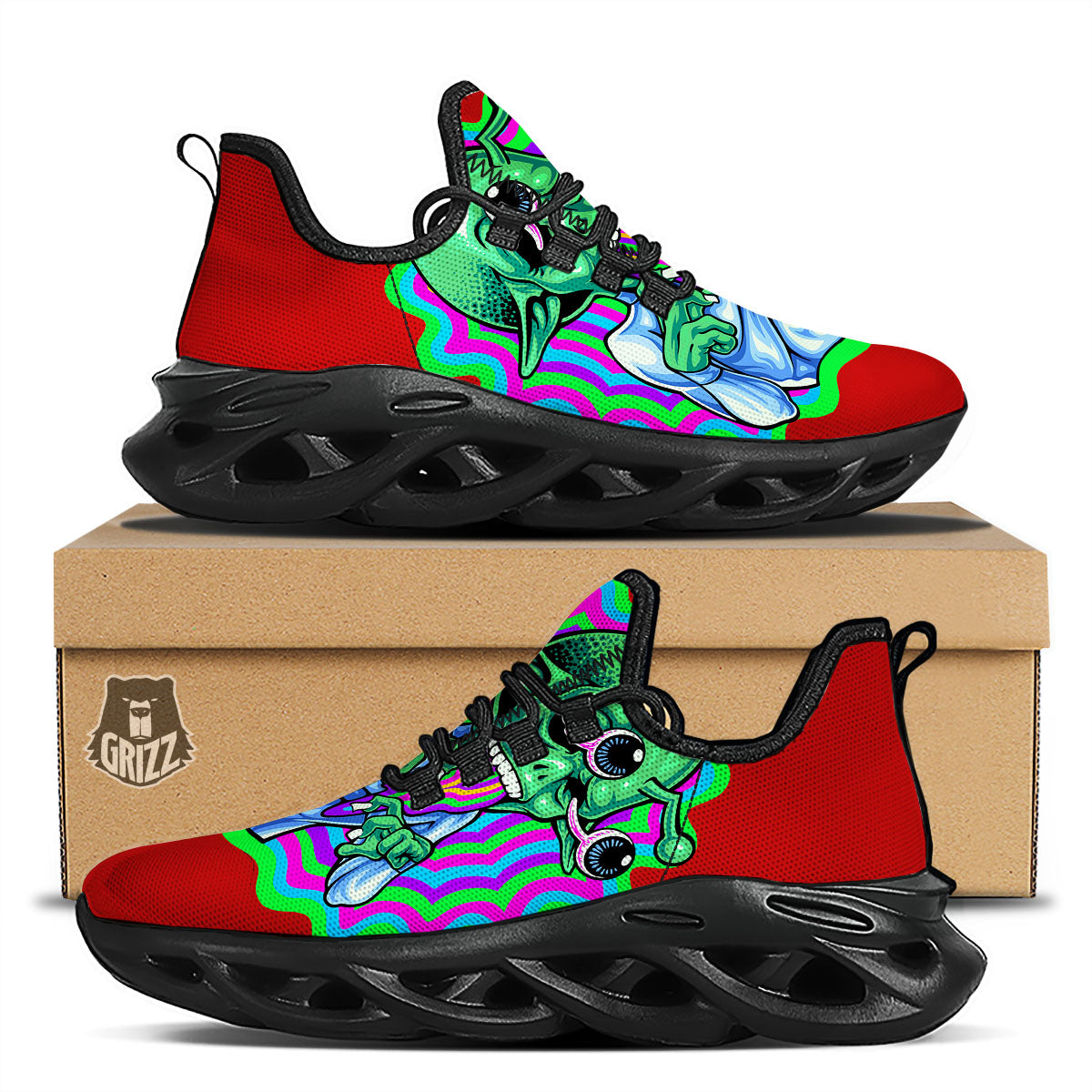 Trippy Alien Crazy Print Black Running Shoes-grizzshop