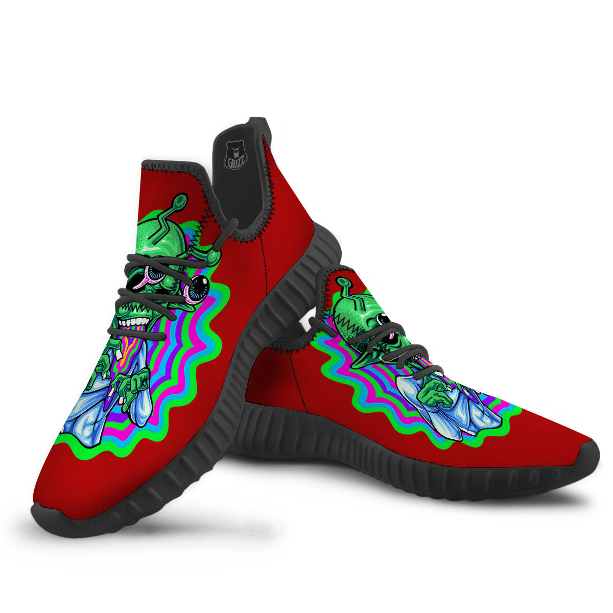 Trippy Alien Crazy Print Black Walking Shoes-grizzshop
