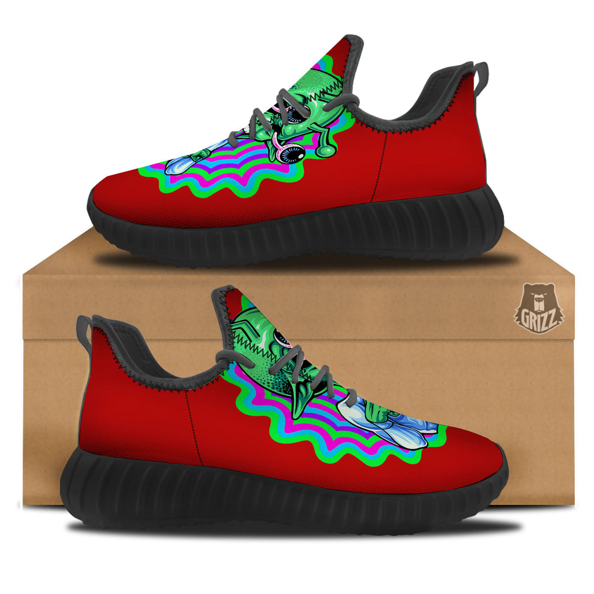 Trippy Alien Crazy Print Black Walking Shoes-grizzshop