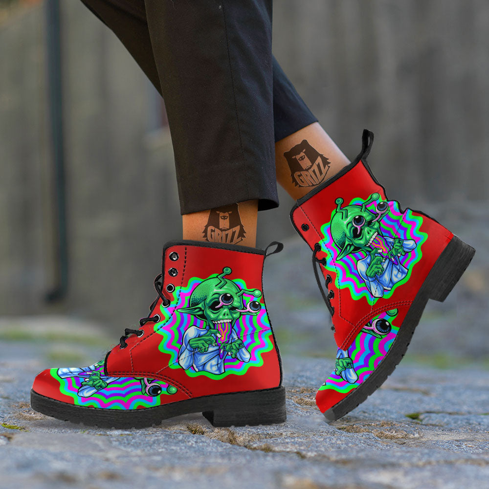 Trippy Alien Crazy Print Leather Boots-grizzshop