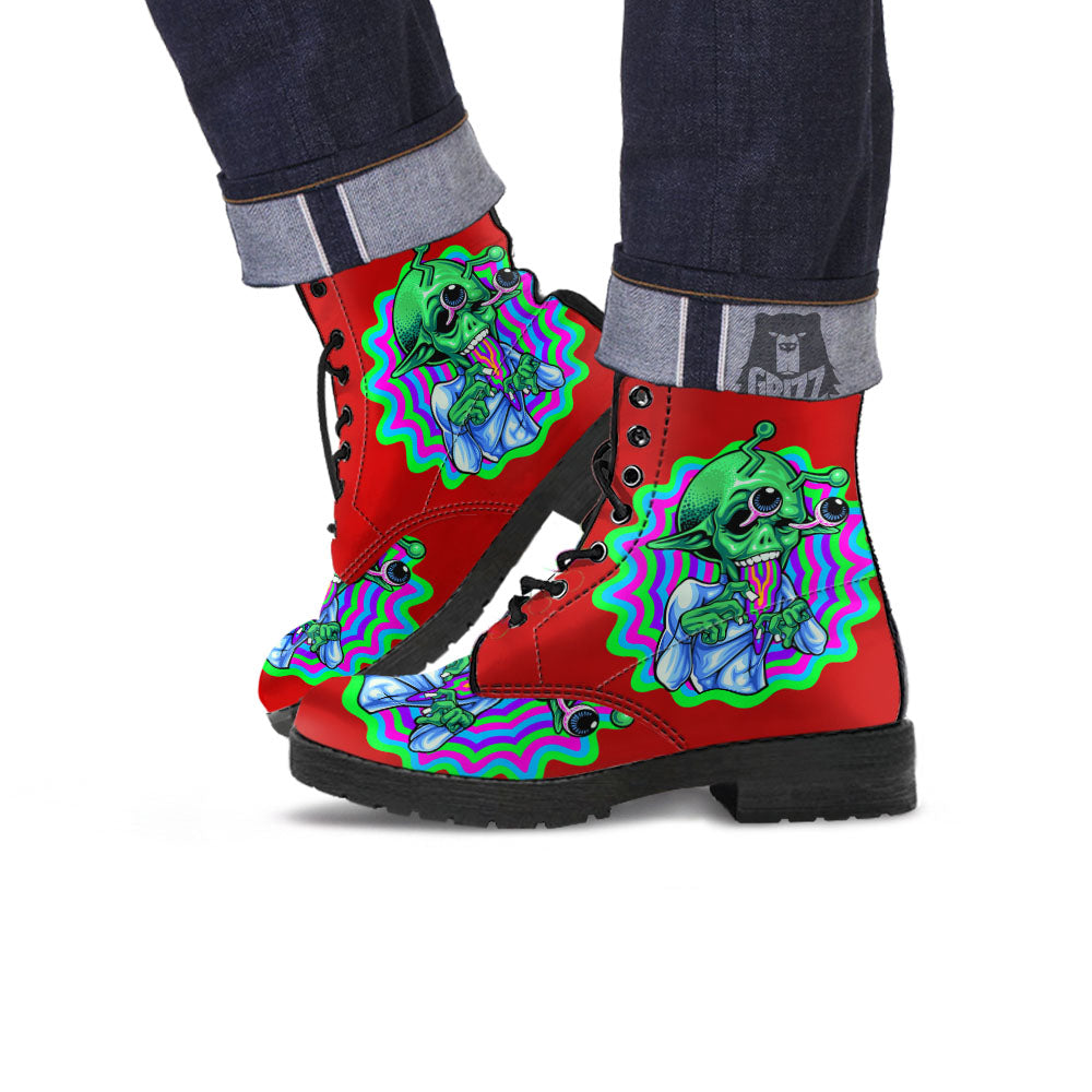 Trippy Alien Crazy Print Leather Boots-grizzshop