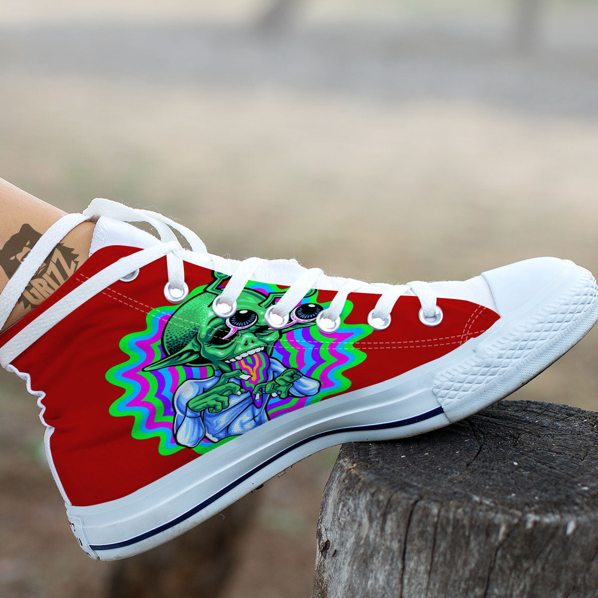 Trippy Alien Crazy Print White High Top Shoes-grizzshop