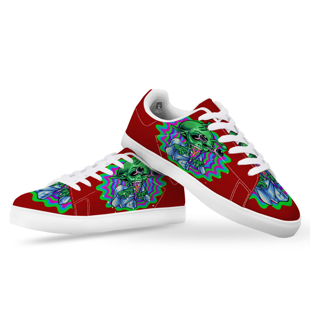 Trippy Alien Crazy Print White Low Top Sneakers-grizzshop