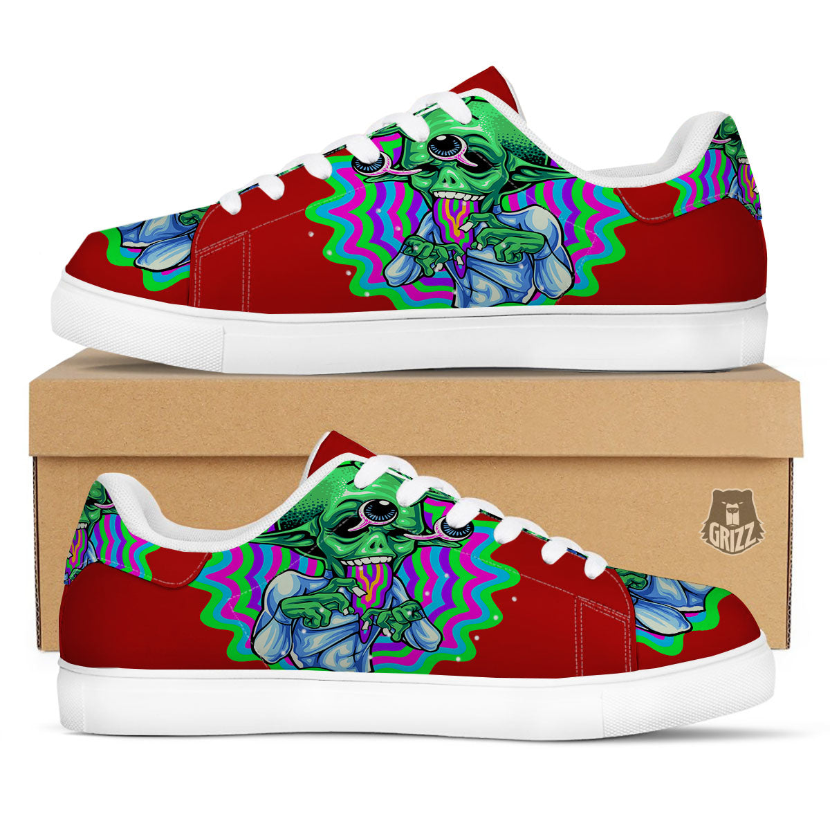 Trippy Alien Crazy Print White Low Top Sneakers-grizzshop