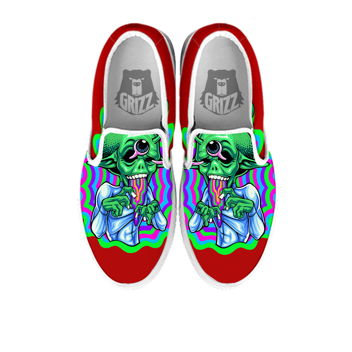 Trippy Alien Crazy Print White Slip On Shoes-grizzshop
