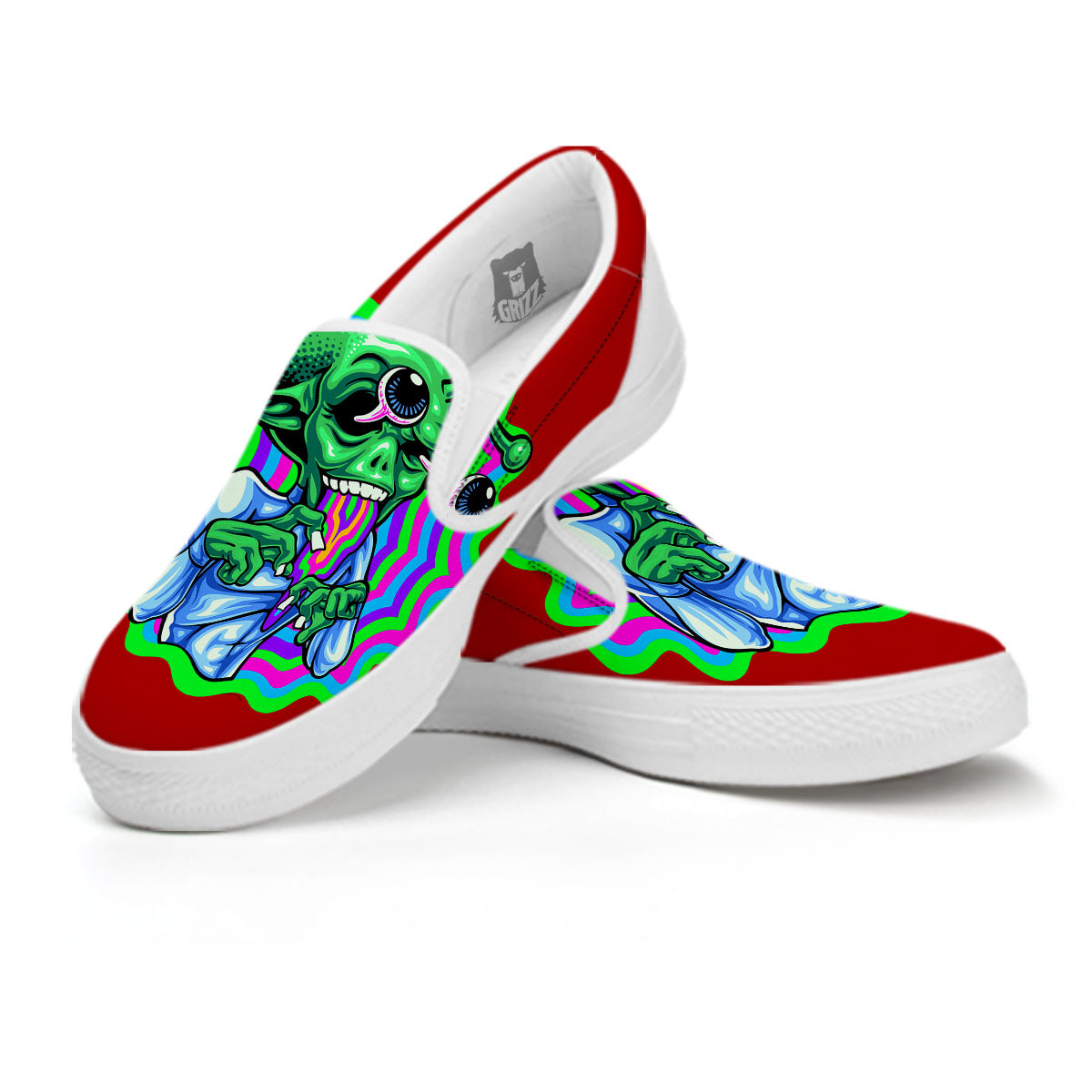 Trippy Alien Crazy Print White Slip On Shoes-grizzshop