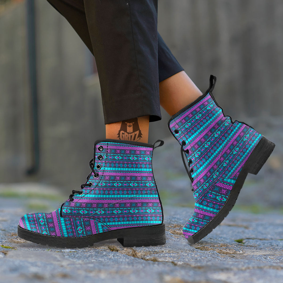 Trippy Ethnic Aztec Print Leather Boots-grizzshop