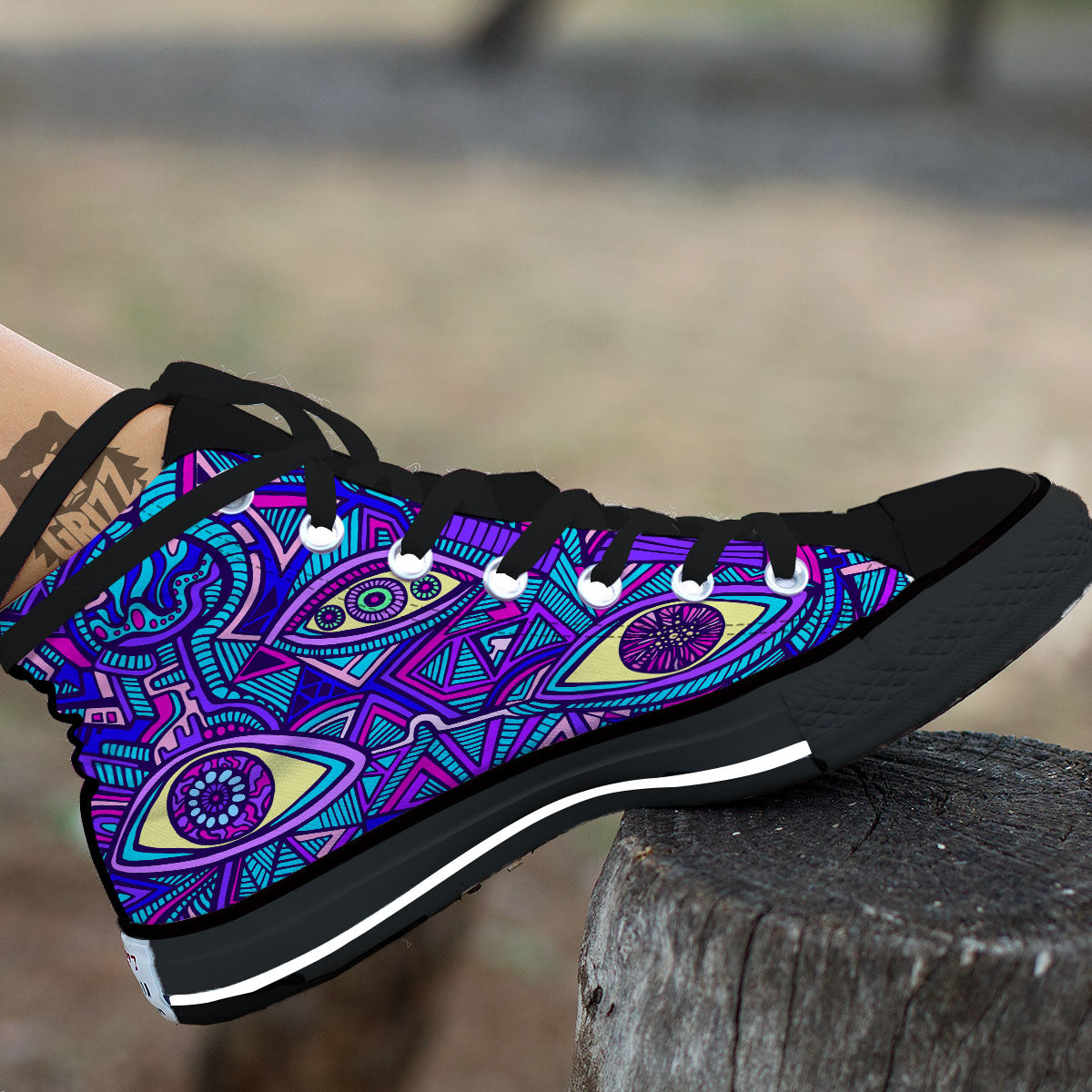 Trippy Ethnic Psychedelic Print Black High Top Shoes-grizzshop