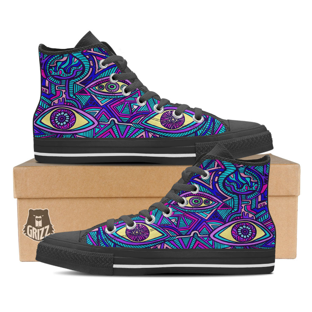 Trippy Ethnic Psychedelic Print Black High Top Shoes-grizzshop