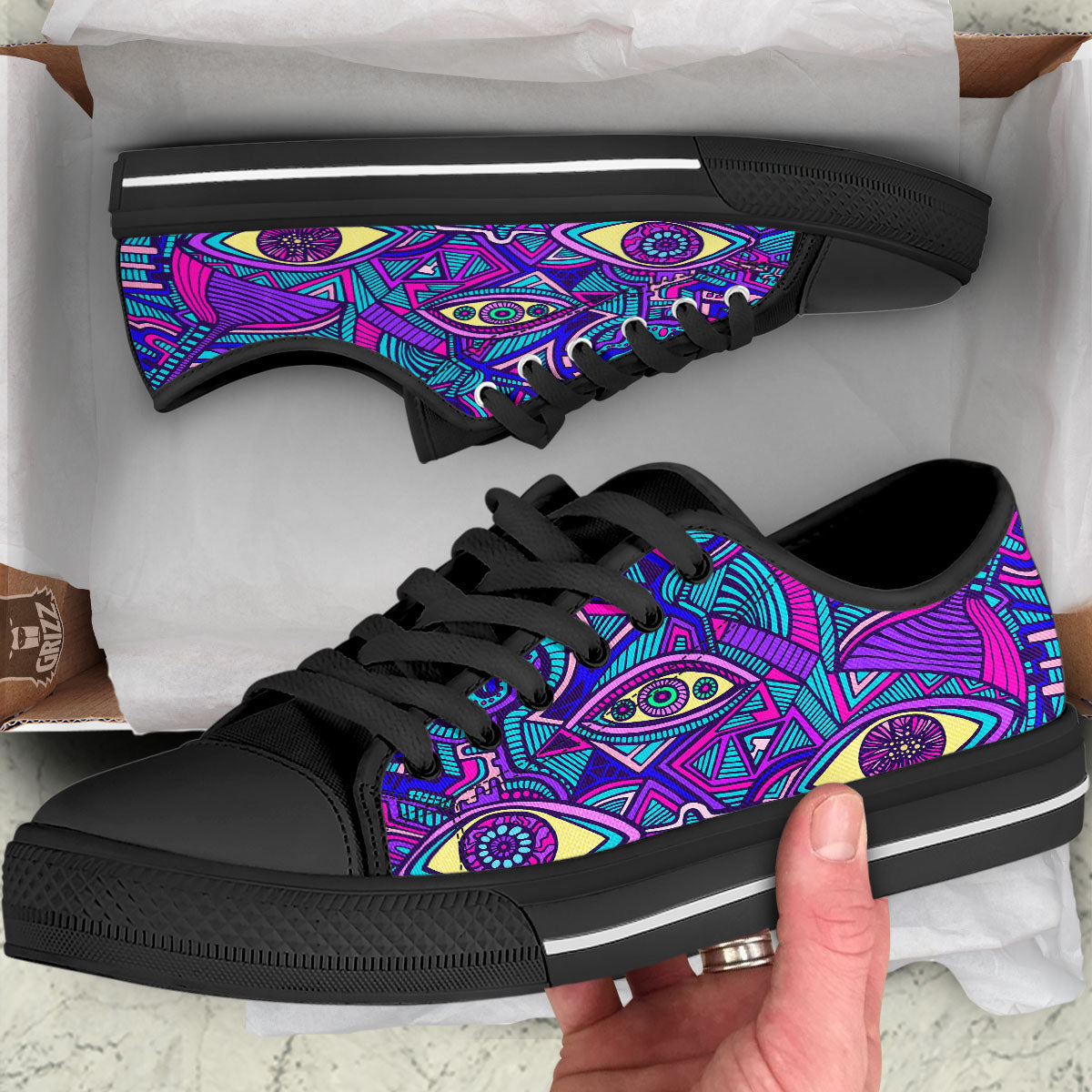 Trippy Ethnic Psychedelic Print Black Low Top Shoes-grizzshop