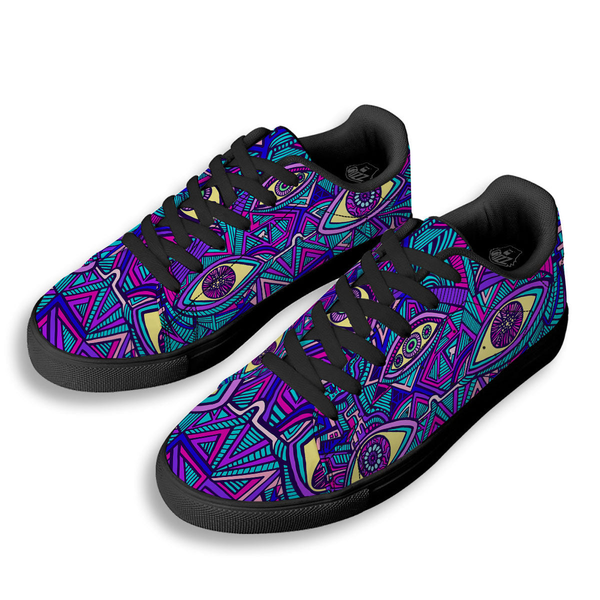 Trippy Ethnic Psychedelic Print Black Low Top Sneakers-grizzshop