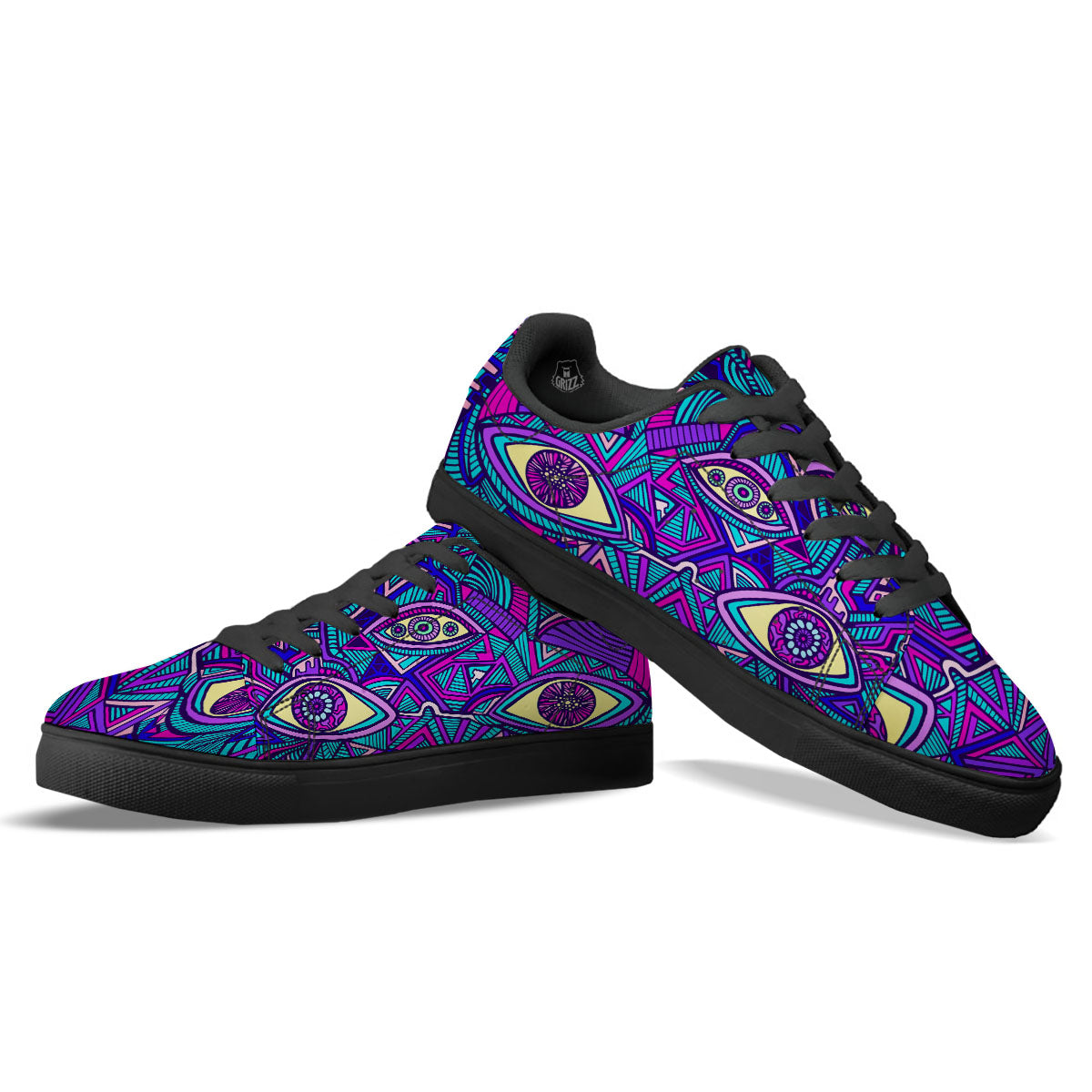 Trippy Ethnic Psychedelic Print Black Low Top Sneakers-grizzshop