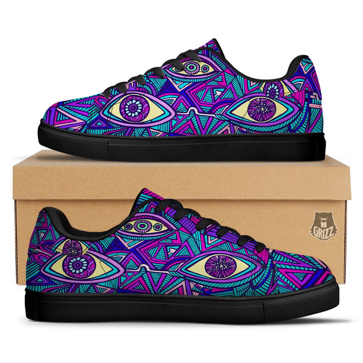Trippy Ethnic Psychedelic Print Black Low Top Sneakers-grizzshop