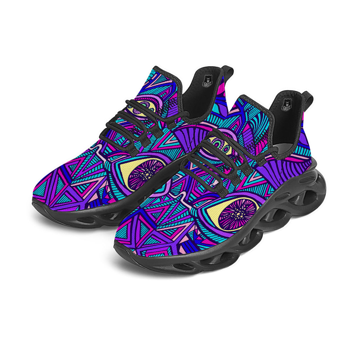 Trippy Ethnic Psychedelic Print Black Running Shoes-grizzshop