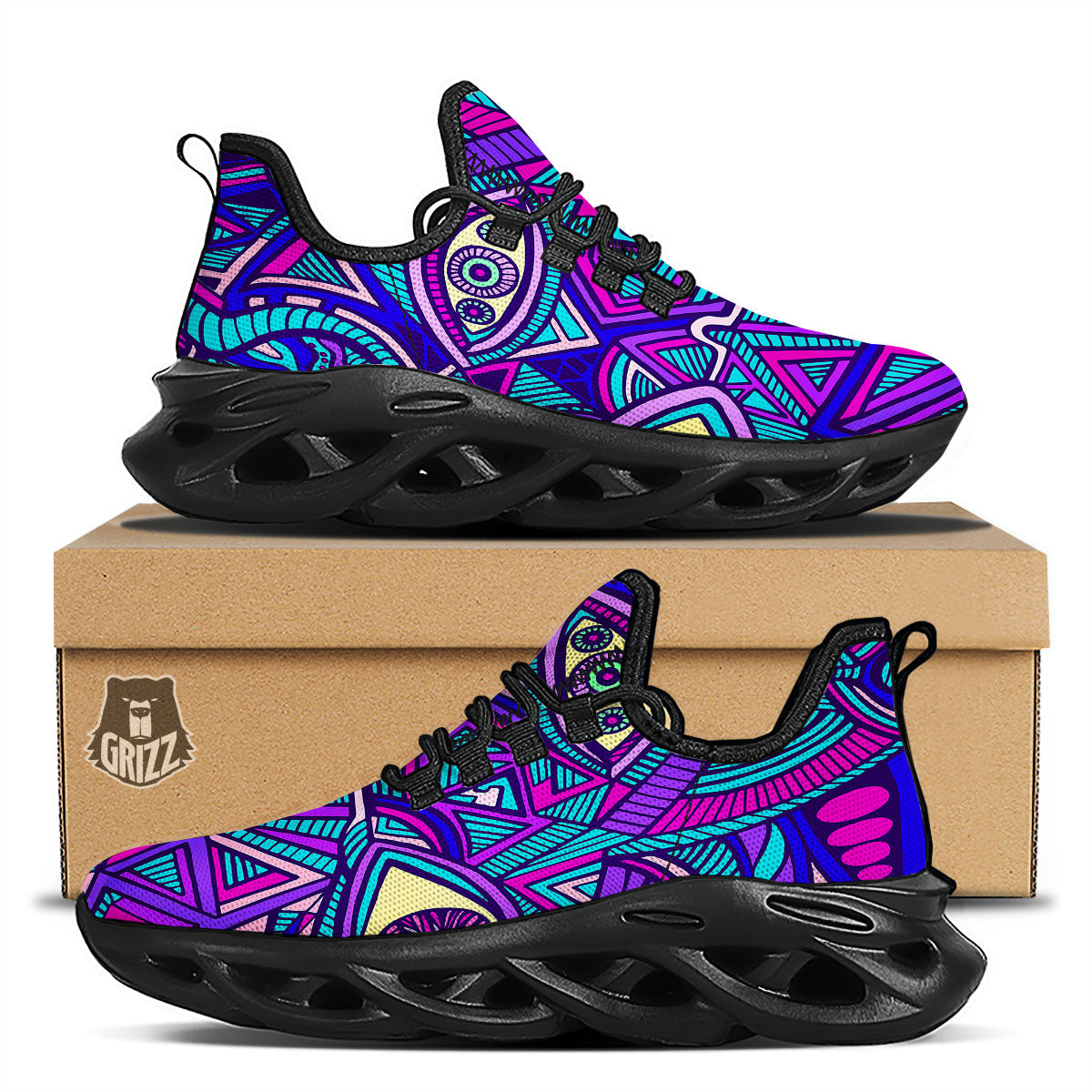 Trippy Ethnic Psychedelic Print Black Running Shoes-grizzshop
