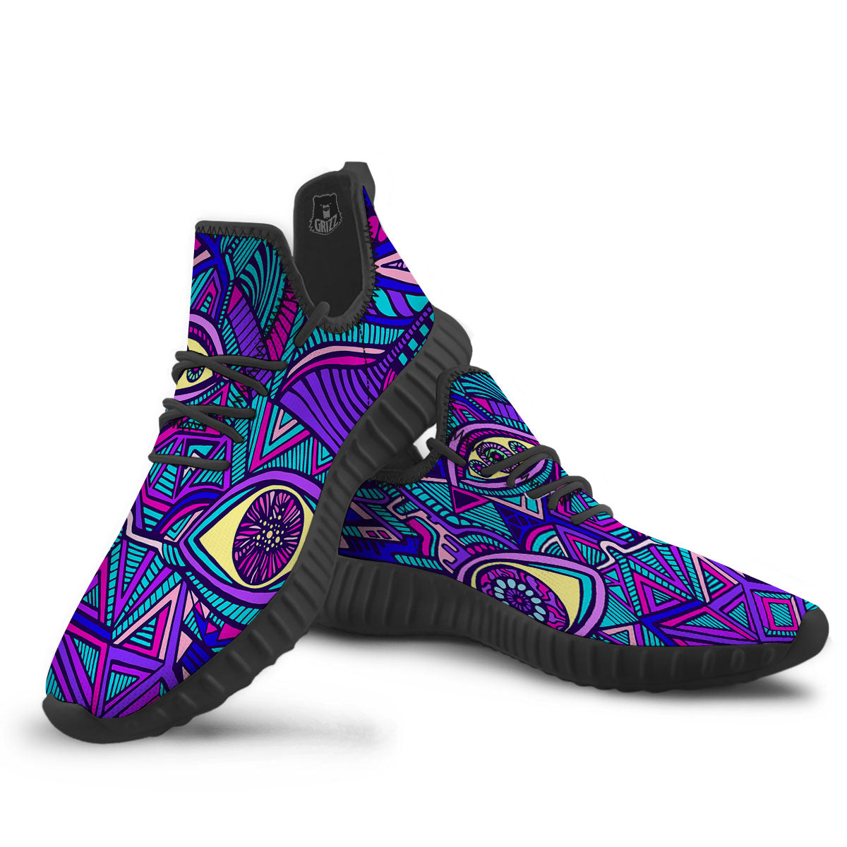 Trippy Ethnic Psychedelic Print Black Walking Shoes-grizzshop