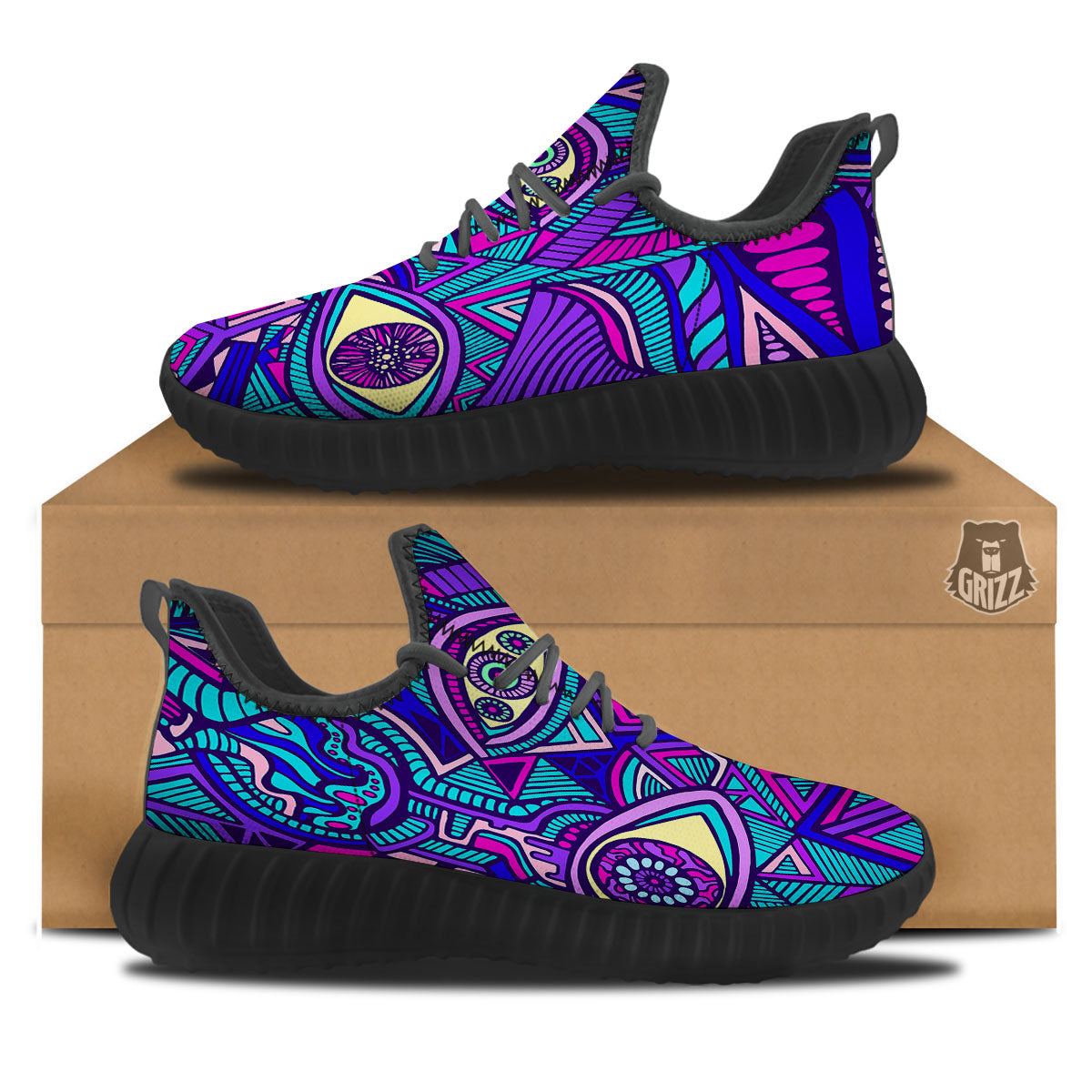 Trippy Ethnic Psychedelic Print Black Walking Shoes-grizzshop