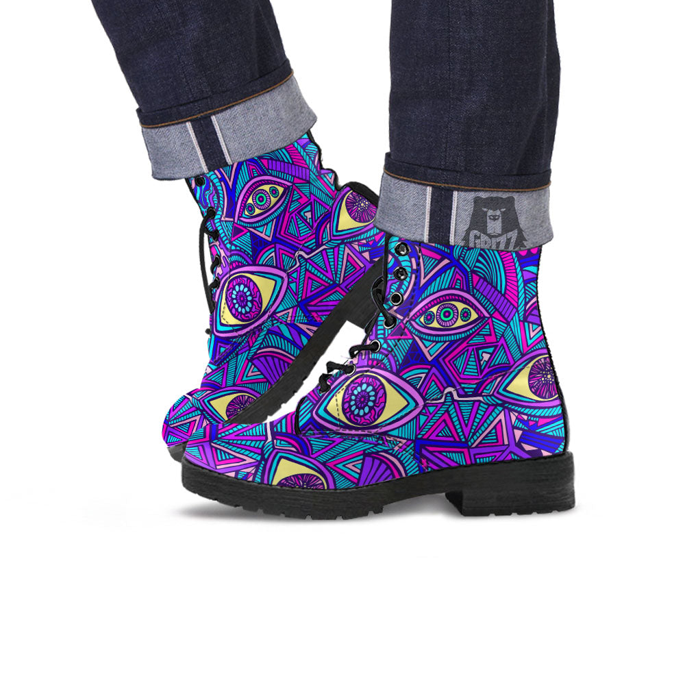 Trippy Ethnic Psychedelic Print Leather Boots-grizzshop