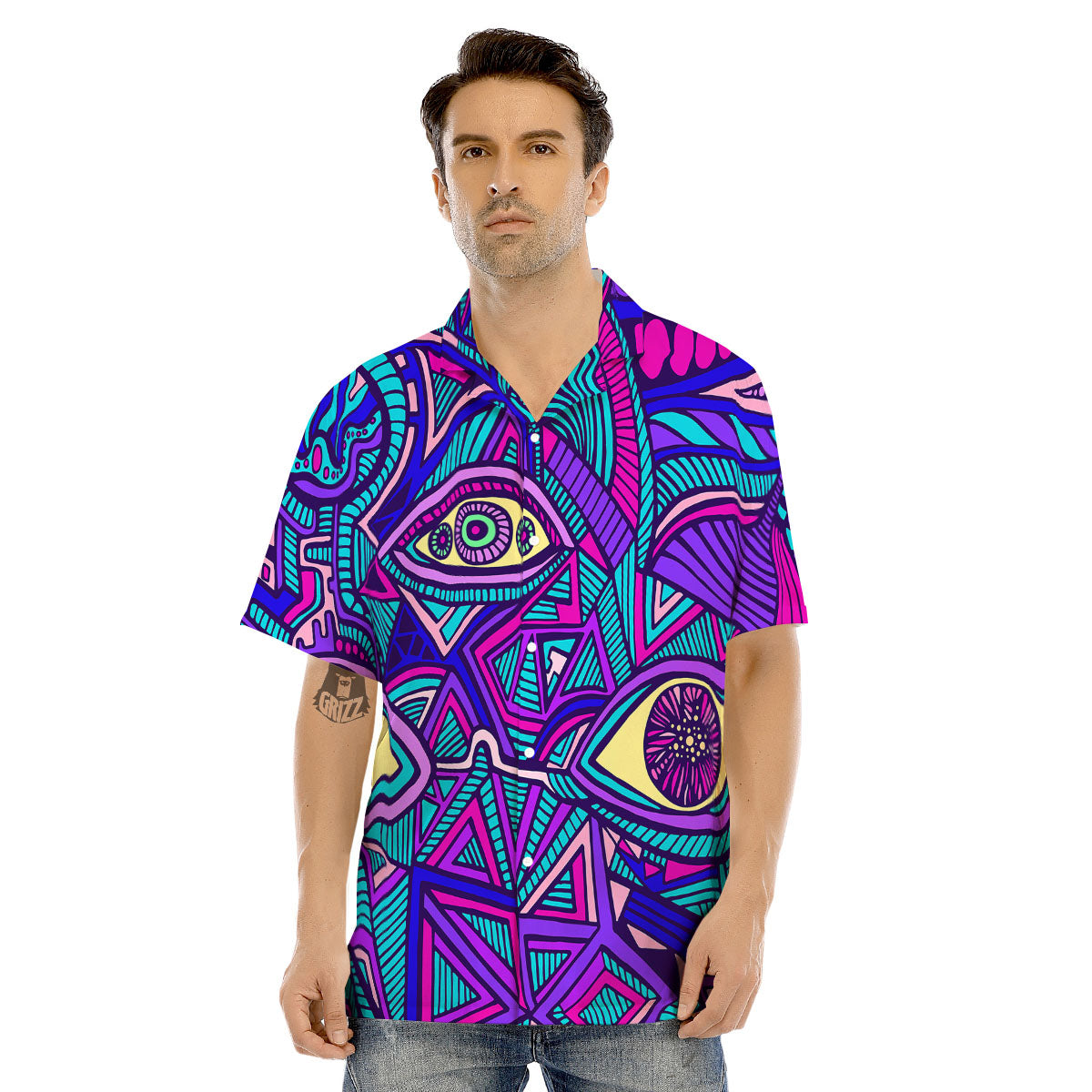 Trippy Ethnic Psychedelic Print Men's Hawaiian Shirt-grizzshop