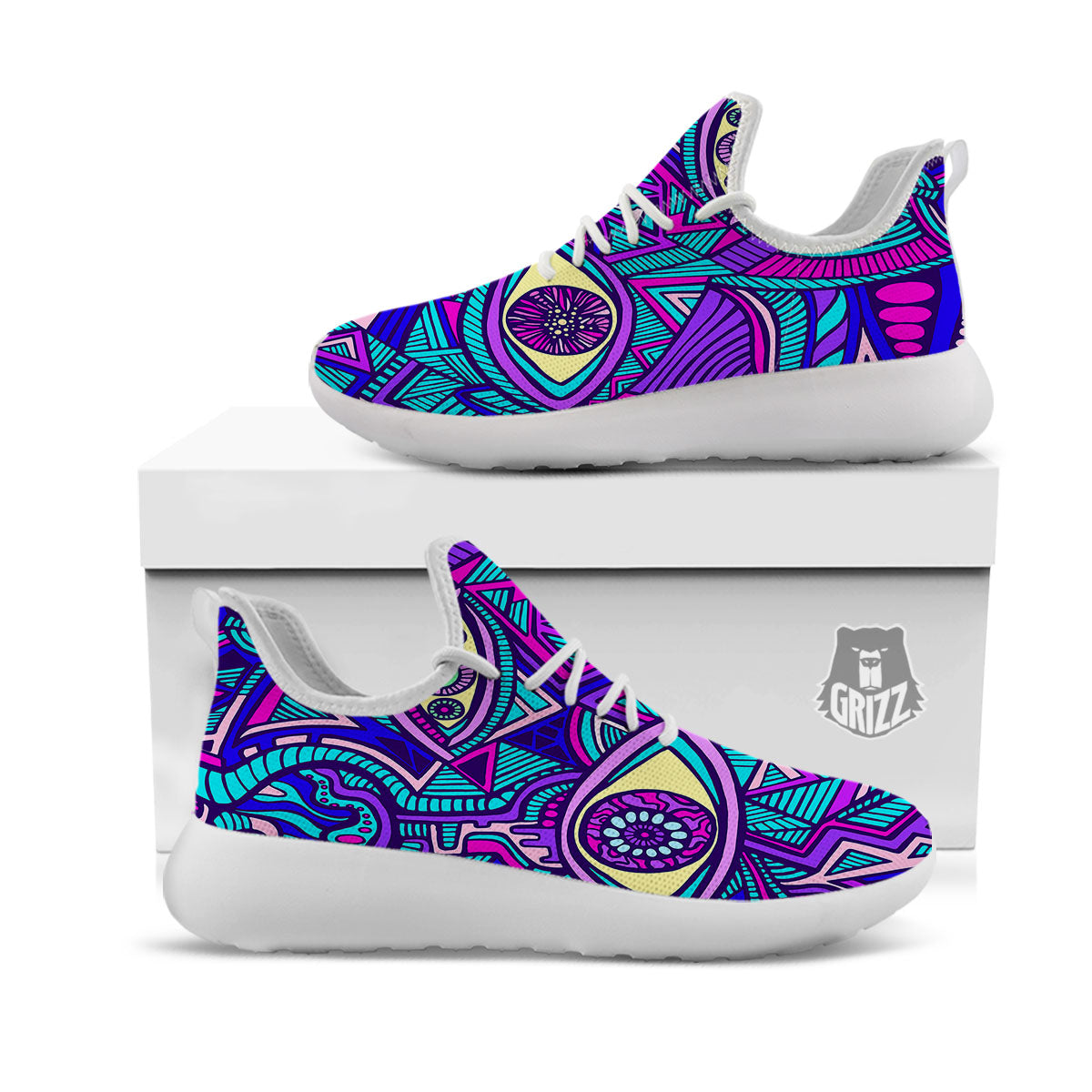 Trippy Ethnic Psychedelic Print White Athletic Shoes-grizzshop
