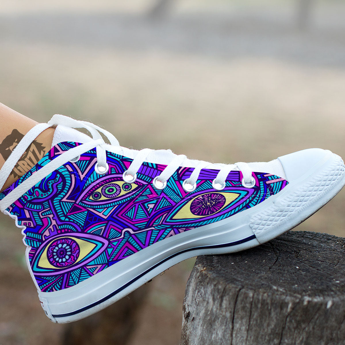 Trippy Ethnic Psychedelic Print White High Top Shoes-grizzshop
