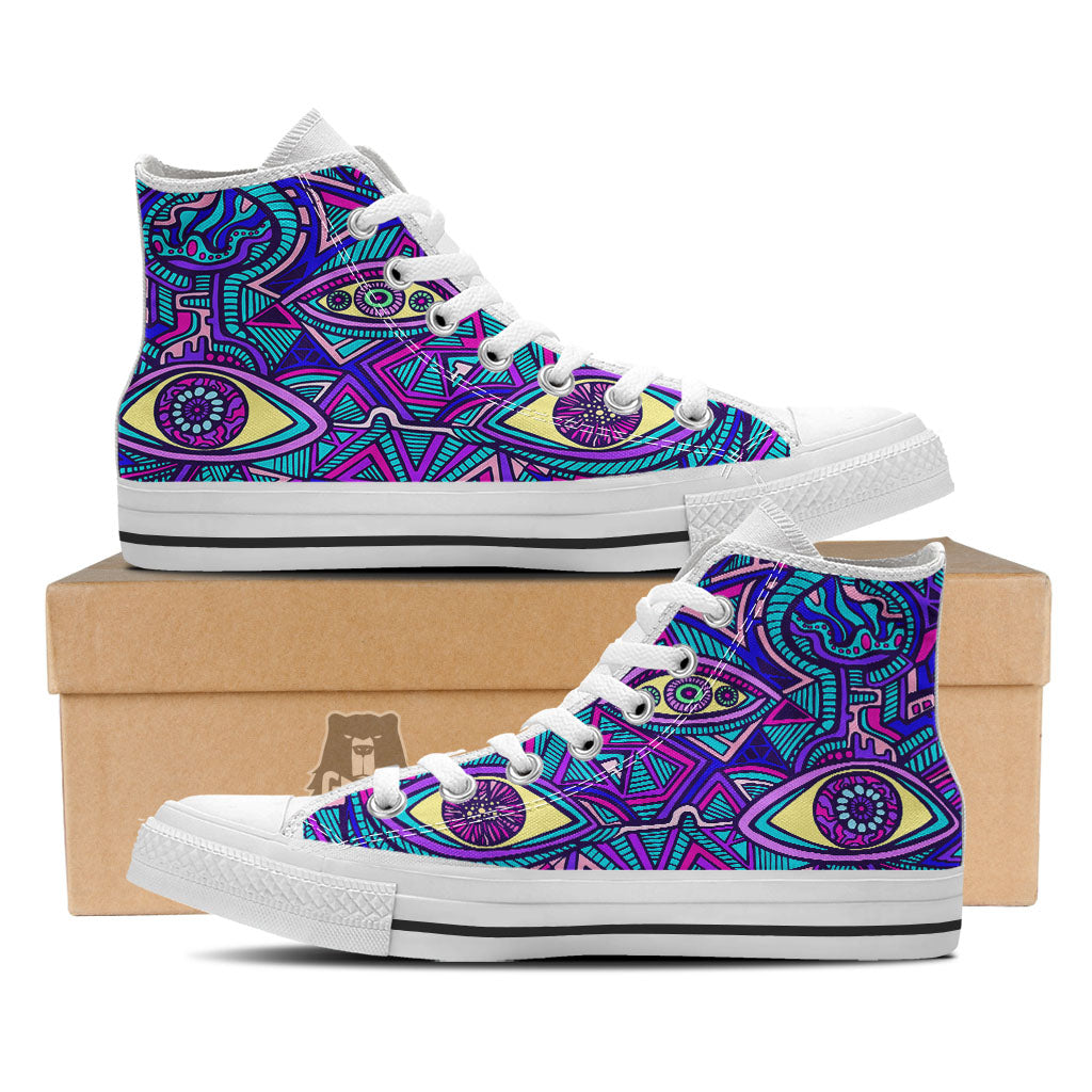 Trippy Ethnic Psychedelic Print White High Top Shoes-grizzshop