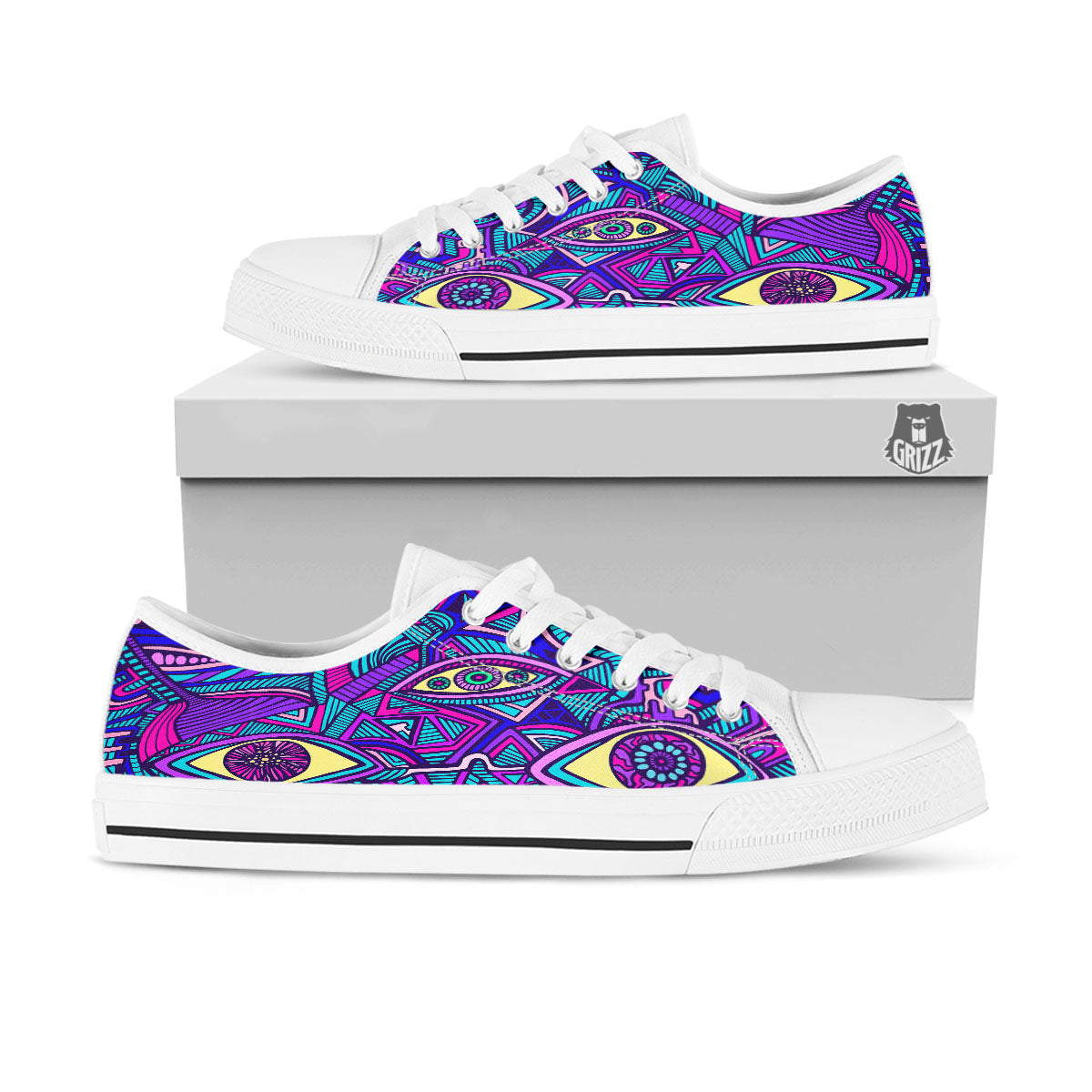 Trippy Ethnic Psychedelic Print White Low Top Shoes-grizzshop