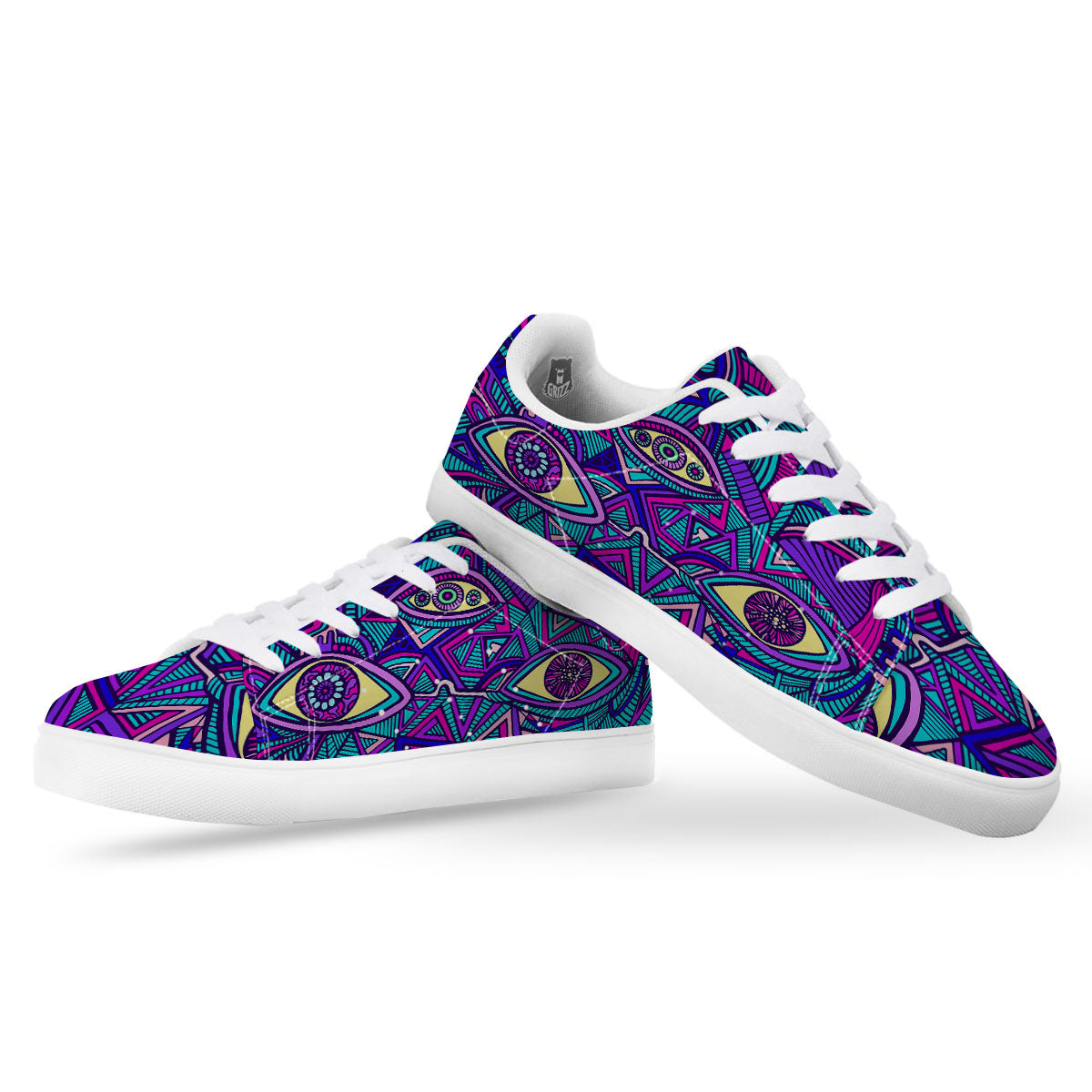 Trippy Ethnic Psychedelic Print White Low Top Sneakers-grizzshop