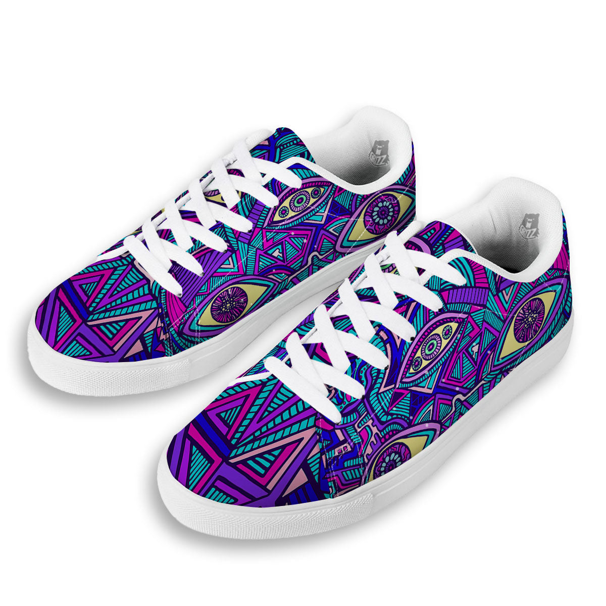 Trippy Ethnic Psychedelic Print White Low Top Sneakers-grizzshop