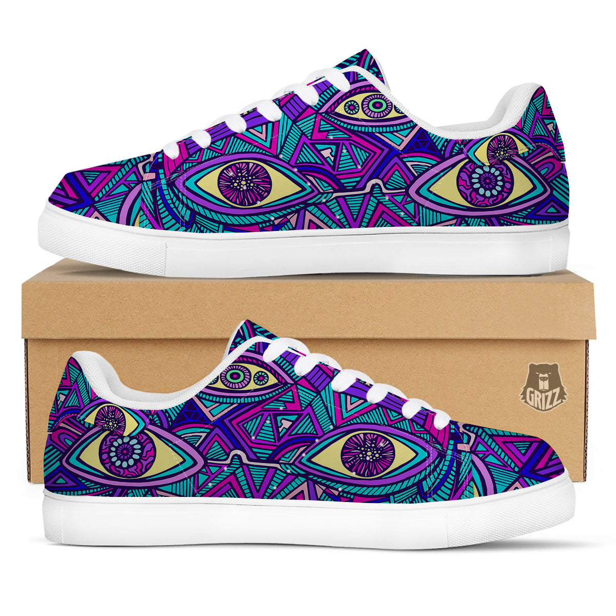 Trippy Ethnic Psychedelic Print White Low Top Sneakers-grizzshop