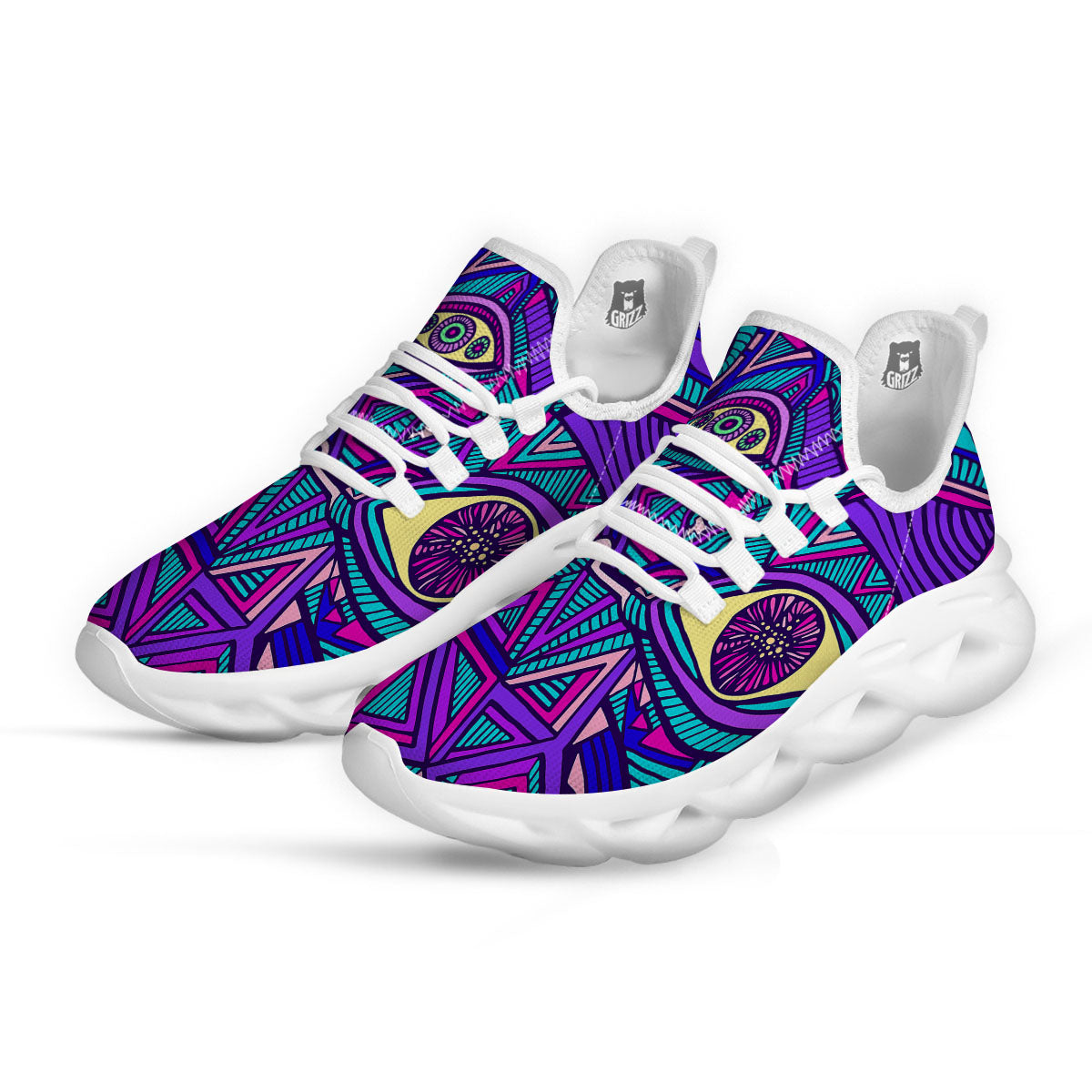 Trippy Ethnic Psychedelic Print White Running Shoes-grizzshop