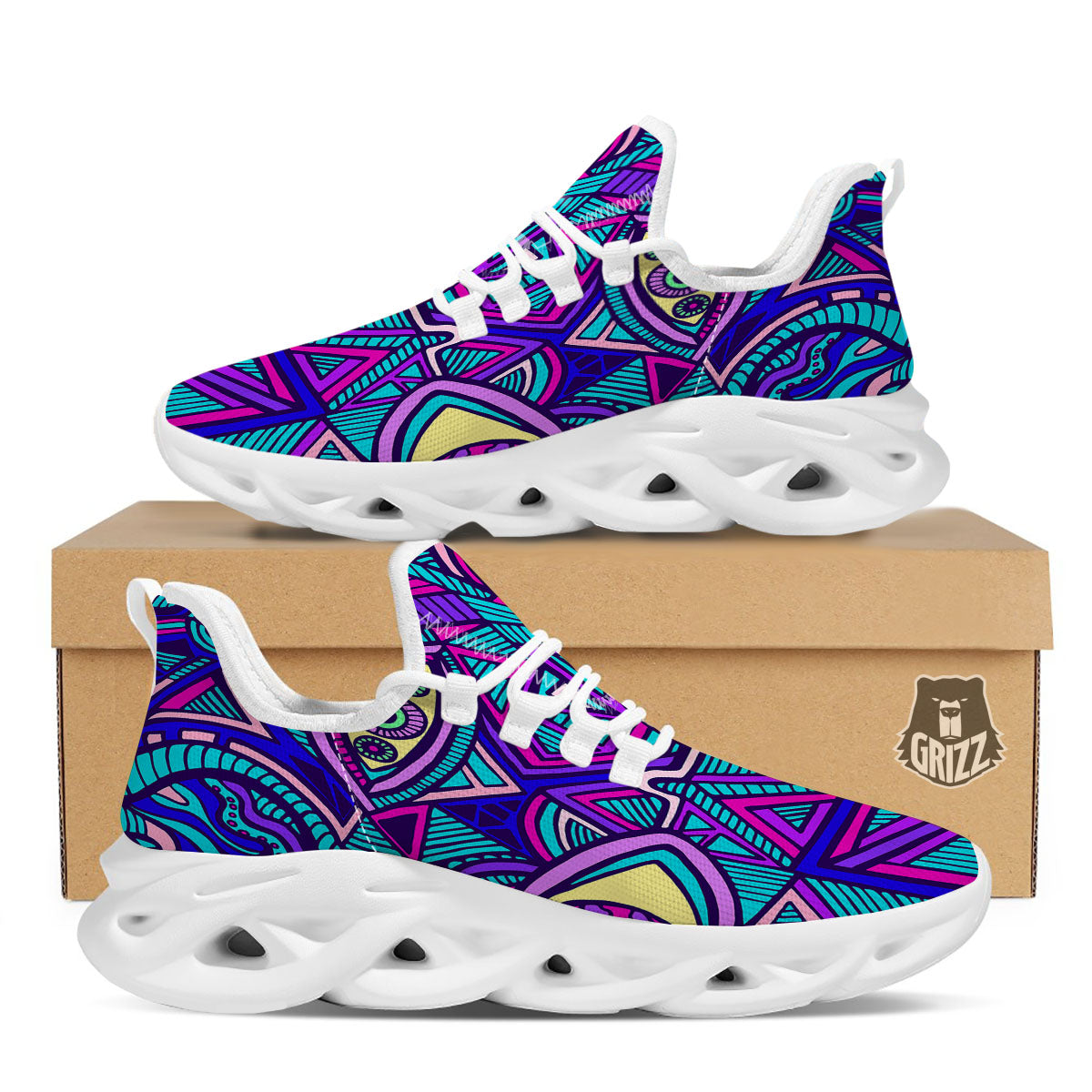 Trippy Ethnic Psychedelic Print White Running Shoes-grizzshop