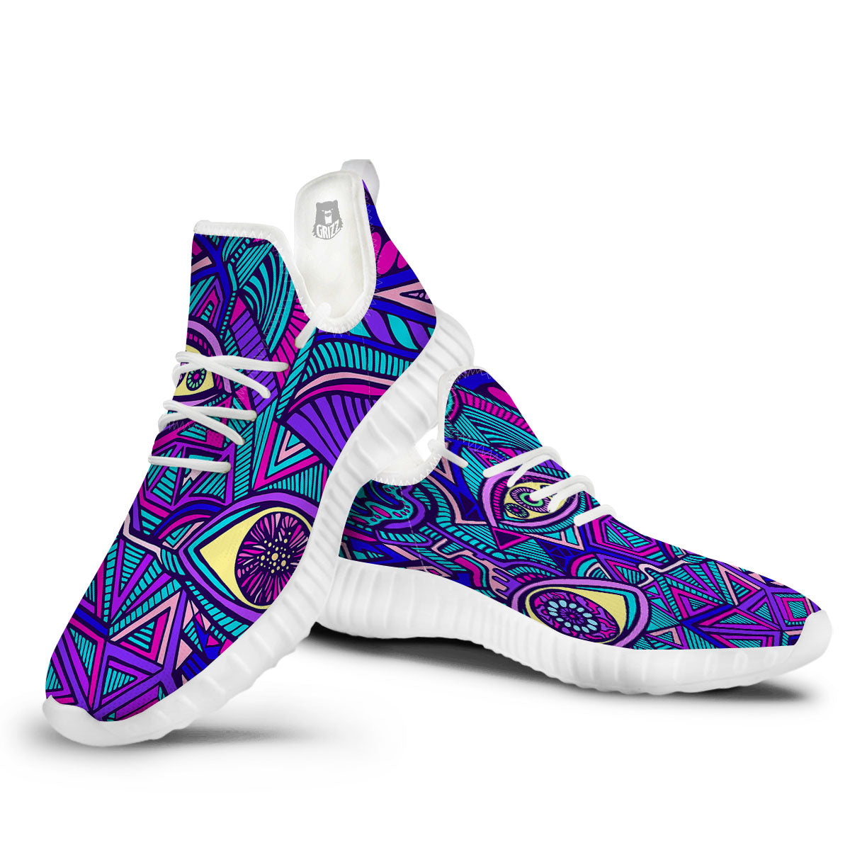 Trippy Ethnic Psychedelic Print White Walking Shoes-grizzshop