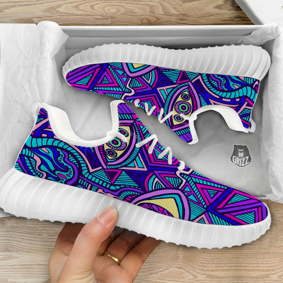 Trippy Ethnic Psychedelic Print White Walking Shoes-grizzshop