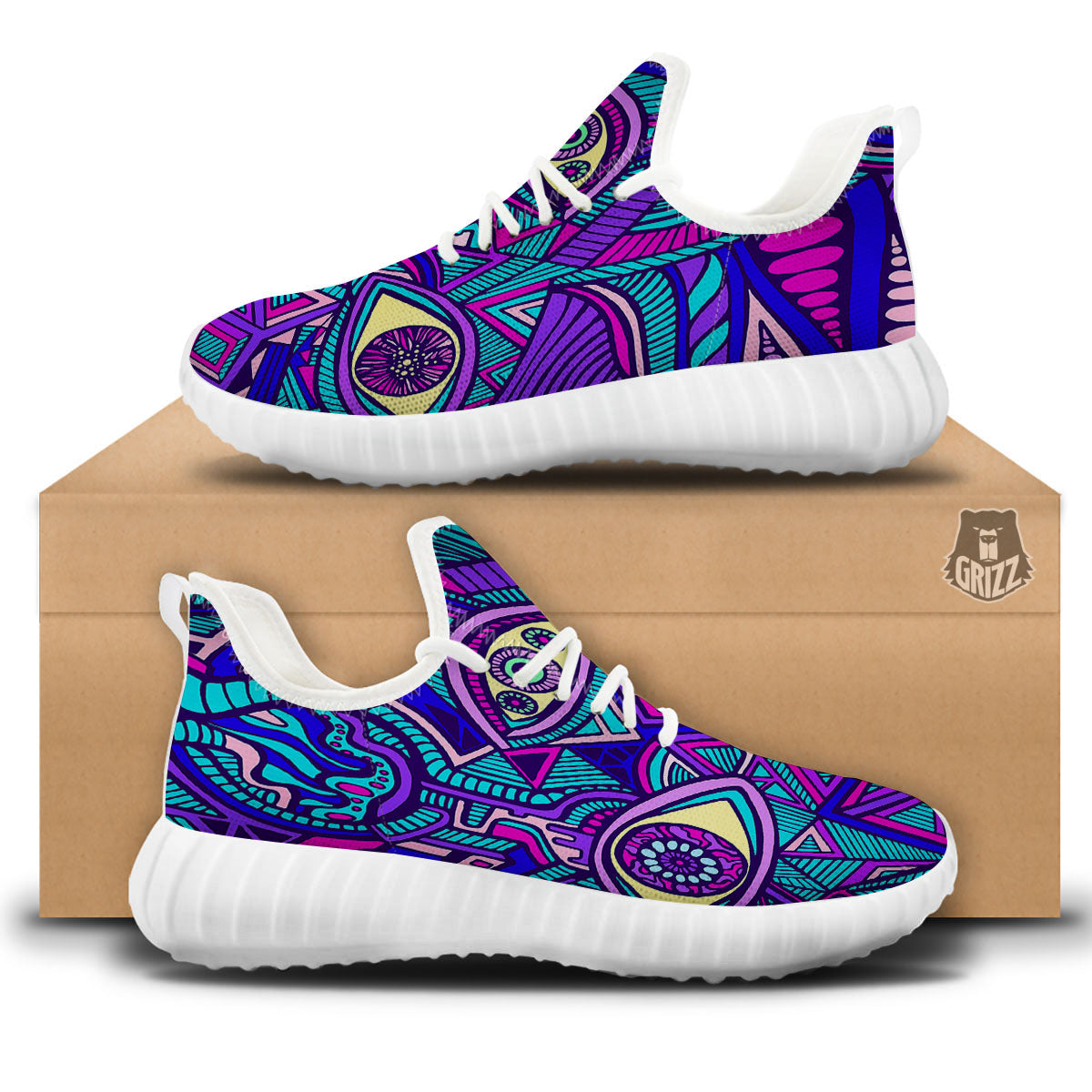 Trippy Ethnic Psychedelic Print White Walking Shoes-grizzshop