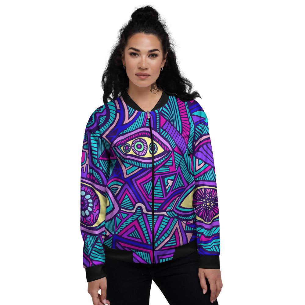 Trippy Ethnic Psychedelic Print Women's Bomber Jacket-grizzshop