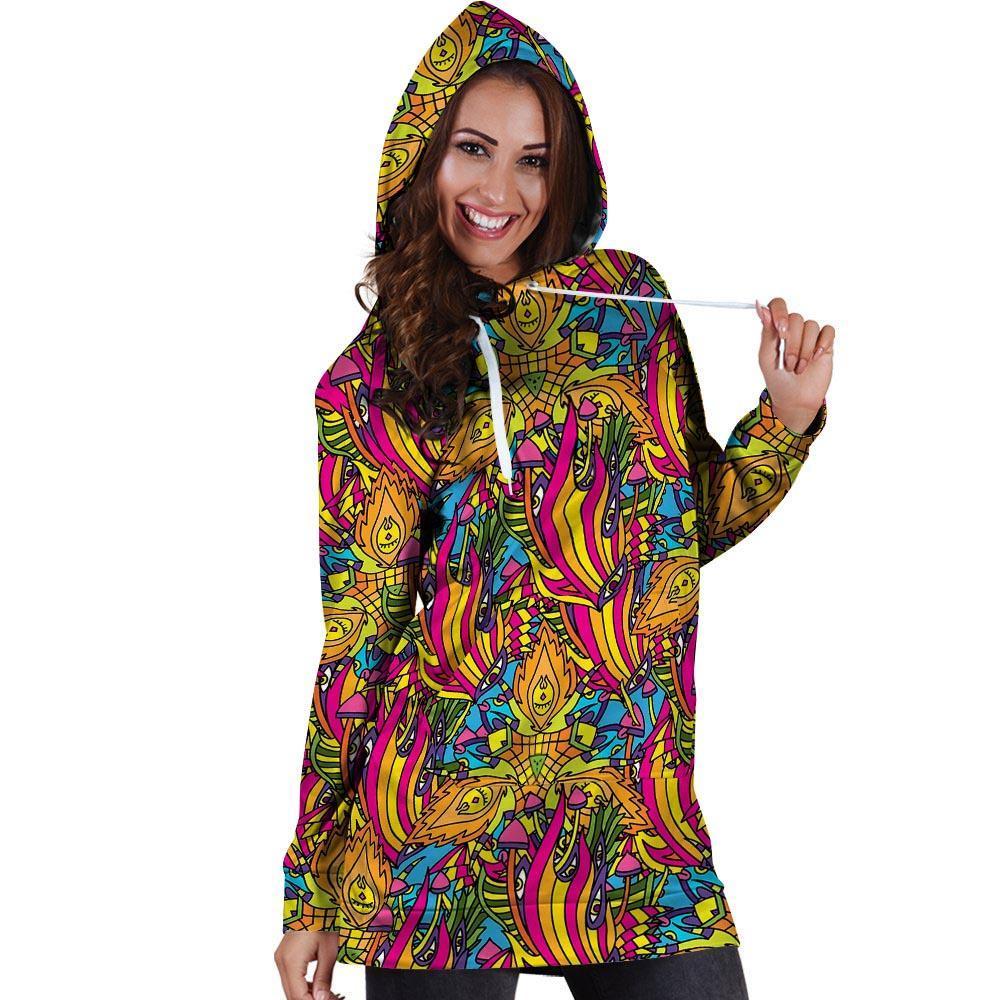 Trippy Hippie Flame Psychedelic Hoodie Dress-grizzshop